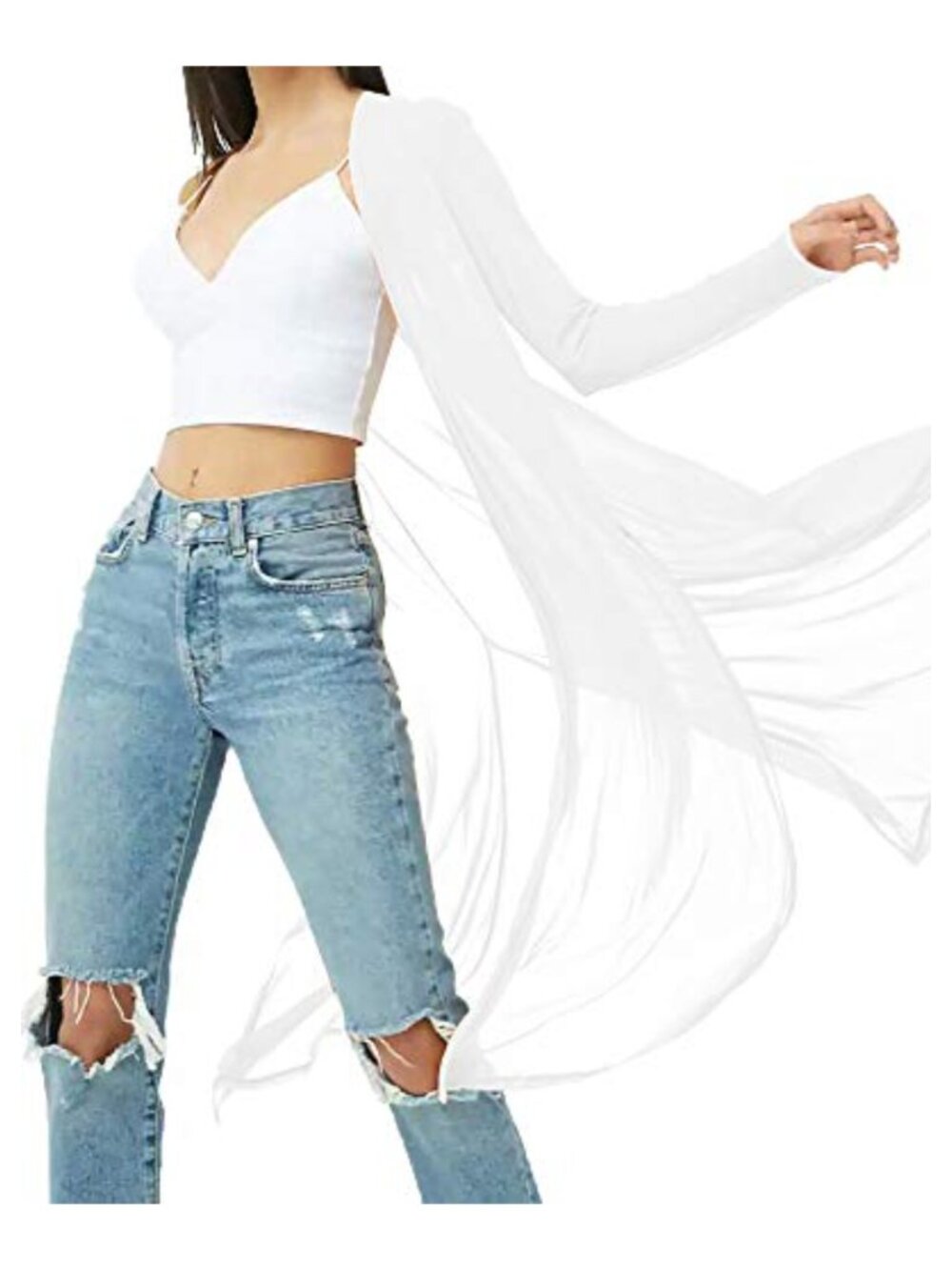 Sheer Mesh Long Sleeve Cardigan Open Front Side Slits Coverup